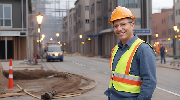 Ingeniero sonriendo borroso detrás de la construcción de luces de la calle generativa ai