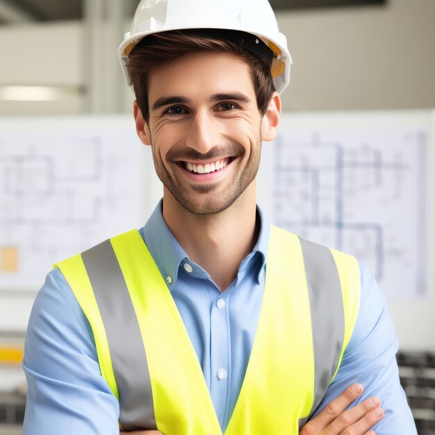 Foto ingeniero sonriente feliz con chaleco de seguridad y casco aislado