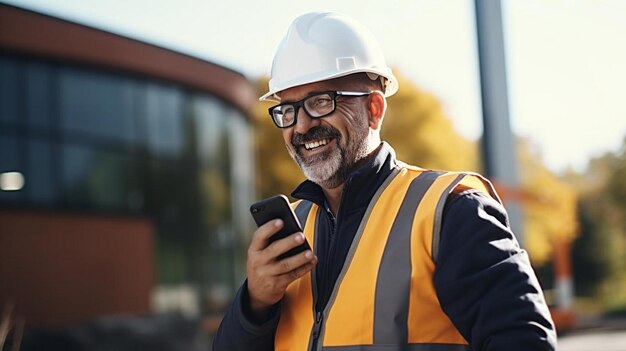 Foto ingeniero sonriente con gafas hablando por teléfono móvil