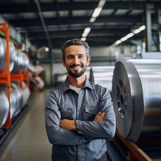 Ingeniero sonriente con rodillos galvanizados