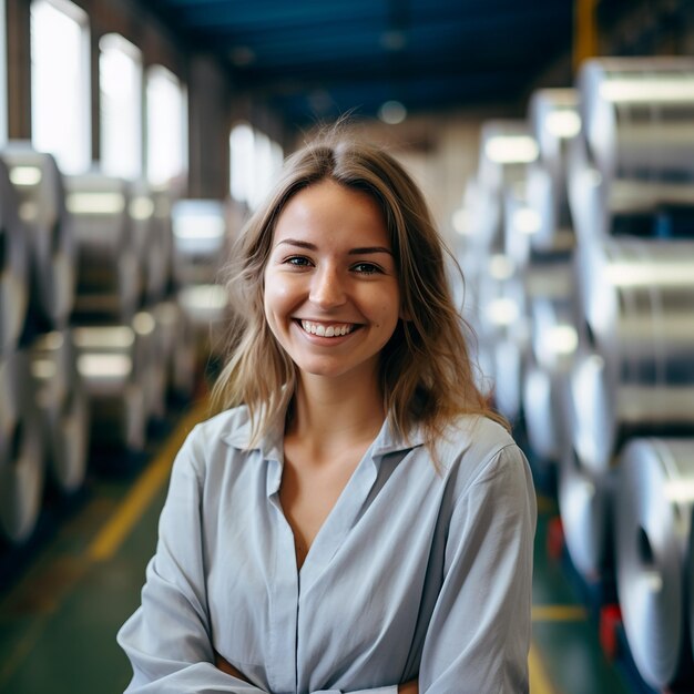 Foto ingeniero sonriente con rodillos galvanizados