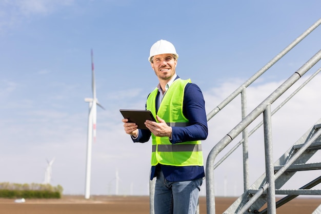 Ingeniero sonriente con una tableta inspeccionando turbinas eólicas en un día soleado