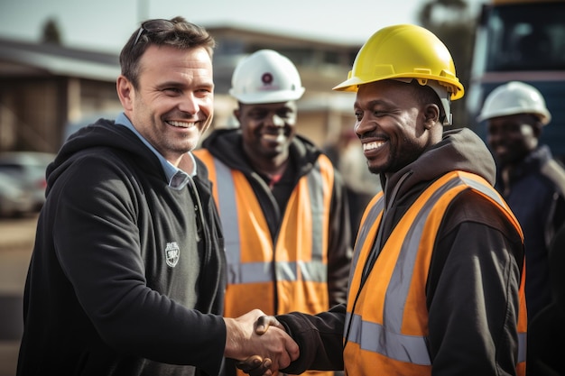 Un ingeniero sonriente tomado de la mano en el sitio de construcción con un arquitecto feliz Apretón de manos entre el gerente de construcción africano y un hombre de negocios en el sitio de construcción