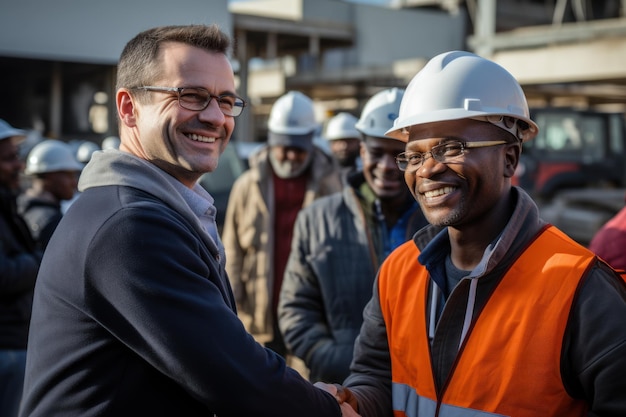 Un ingeniero sonriente tomado de la mano en el sitio de construcción con un arquitecto feliz Apretón de manos entre el gerente de construcción africano y un hombre de negocios en el sitio de construcción