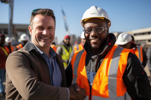 Un ingeniero sonriente tomado de la mano en el sitio de construcción con un arquitecto feliz Apretón de manos entre el gerente de construcción africano y un hombre de negocios en el sitio de construcción