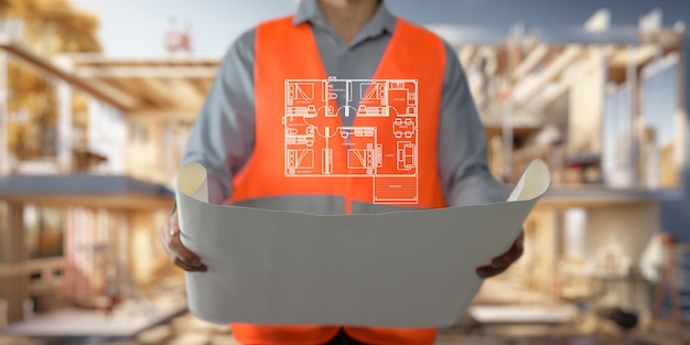 Ingeniero sosteniendo una plantilla de proyecto de construcción para comprobar la precisión de la casa de construcción