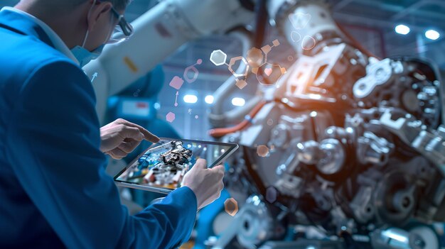 Ingeniero con una tableta ajustando un brazo robótico moderno en una planta de fabricación de alta tecnología Concepto de automatización industrial IA