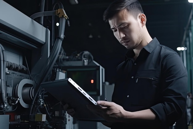 Ingeniero con tableta en el lugar de trabajo de la fábrica IA generativa