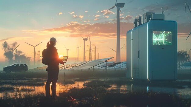 ingeniero con una tableta en la mano mirando a la cadena solar inversor con plantas de energía eólica y solar