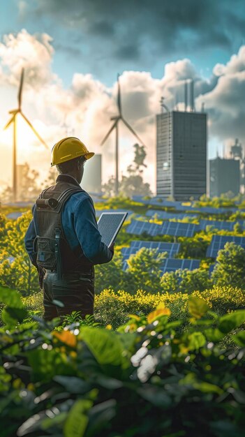 ingeniero con una tableta en la mano mirando a la cadena solar inversor con viento