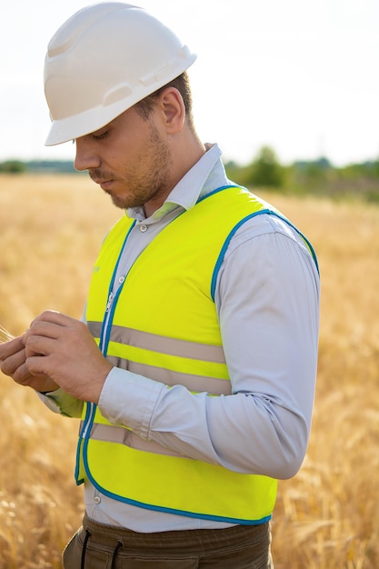 Foto un ingeniero con una tableta en sus manos se encuentra en medio de un campo verde, un agrónomo en un campo