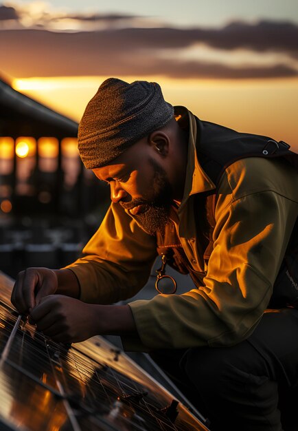 Un ingeniero técnico afroamericano está reparando e instalando paneles solares en el techo.