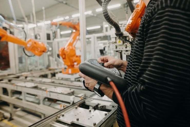 Foto ingeniero técnico ajustando un brazo robótico en el concepto industrial de la industria automotriz