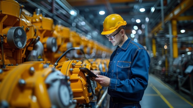 Un ingeniero y un técnico cualificado mantienen la maquinaria Técnicos profesionales sostienen tabletas para controlar el trabajo en plantas industriales Foco selectivo