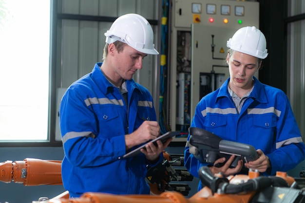 Ingeniero y técnico que trabaja con brazo robótico en fábrica Concepto de industria e ingeniería