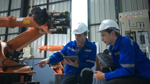 Ingeniero y técnico que trabaja con un brazo robótico en una fábrica Industria y concepto de ingeniería