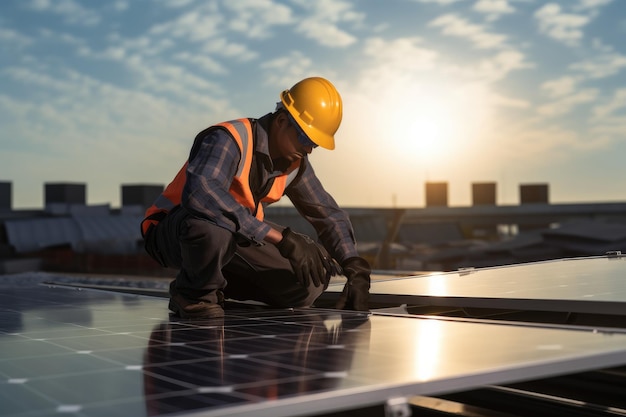 Ingeniero técnico que trabaja con panel de células solares IA generativa renovable