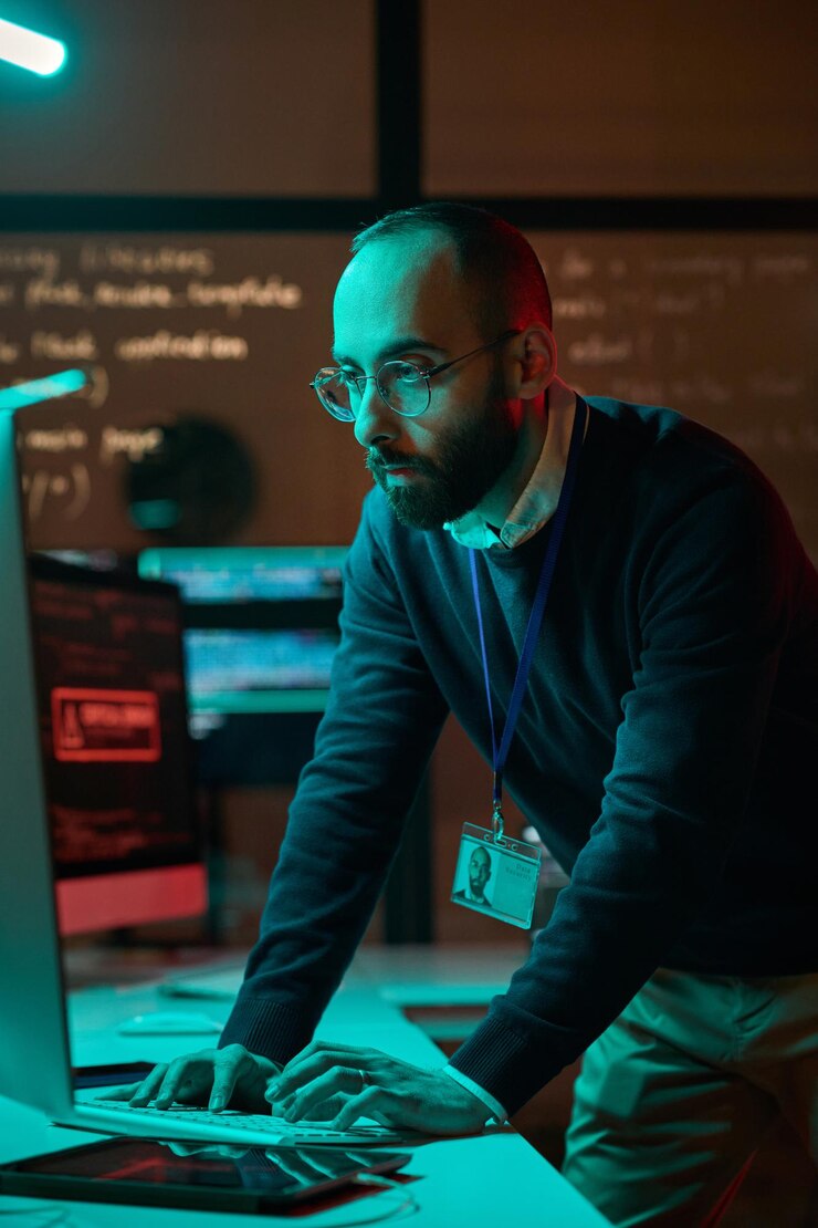 Foto ingeniero de ti barbudo usando una computadora