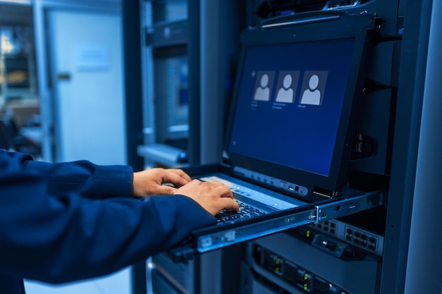 Ingeniero de TI reparando un servidor en un centro de datos