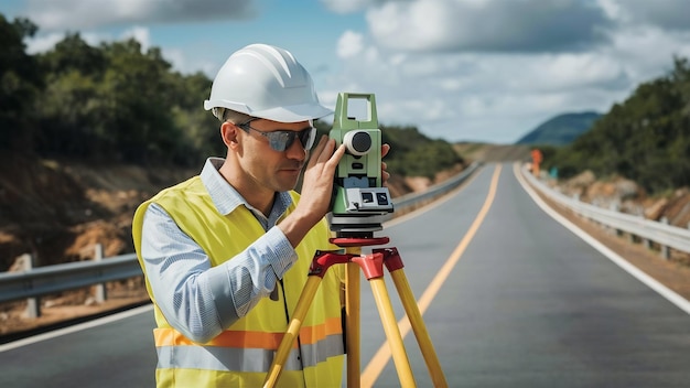 Foto ingeniero de topografía en el sitio de construcción utiliza la marca de teodolito en el concepto de construcción de carreteras