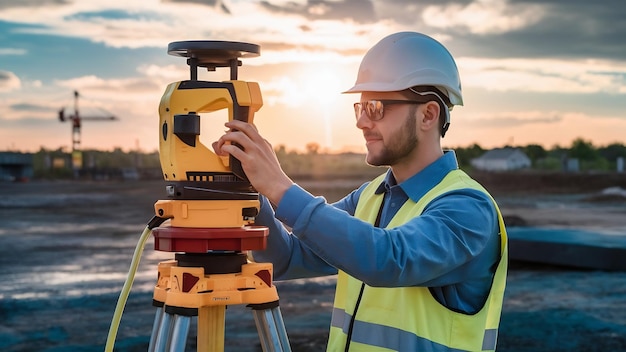 El ingeniero topógrafo está midiendo el nivel en el sitio de construcción Los topógrafos aseguran mediciones precisas antes de