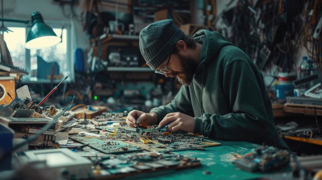 Un ingeniero trabaja en una placa base en un taller urbano AIG41