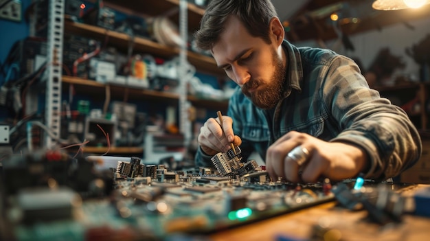 Un ingeniero trabaja en una placa base en un taller urbano AIG41