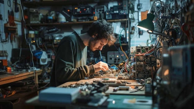 Un ingeniero trabaja en una placa base en un taller urbano