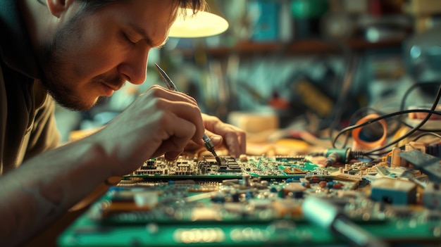 Foto un ingeniero trabaja en una placa base en un taller urbano