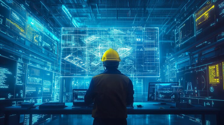 Un ingeniero trabaja con un plan holográfico Generative Ai