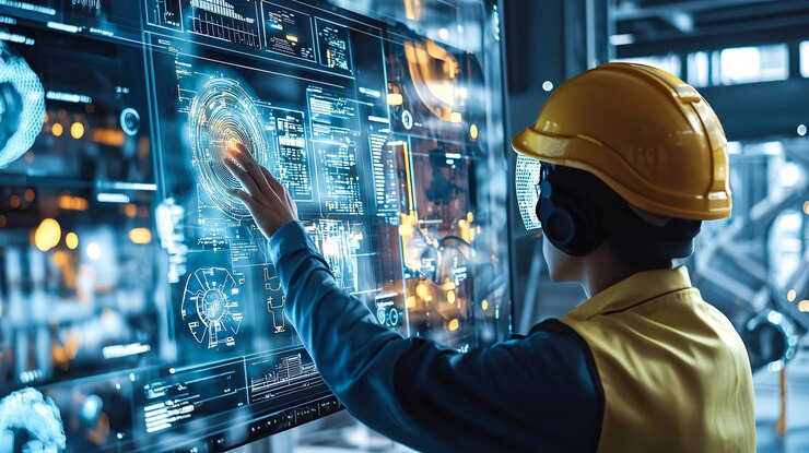 Un ingeniero trabaja con un plan holográfico Generative Ai