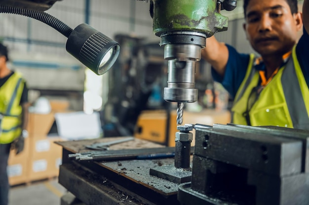 Foto ingeniero trabajador asiático en una fábrica de máquinas perforadoras en una fábrica inteligente con casco de seguridad amarillo antes en una pequeña fábrica