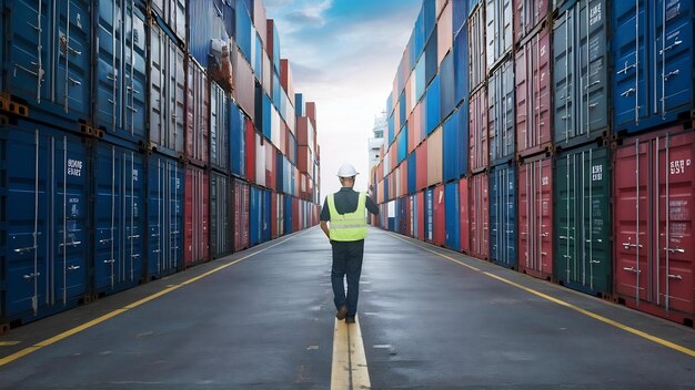 Foto ingeniero trabajador caminando para comprobar la caja de contenedores del buque de carga para la exportación e importación