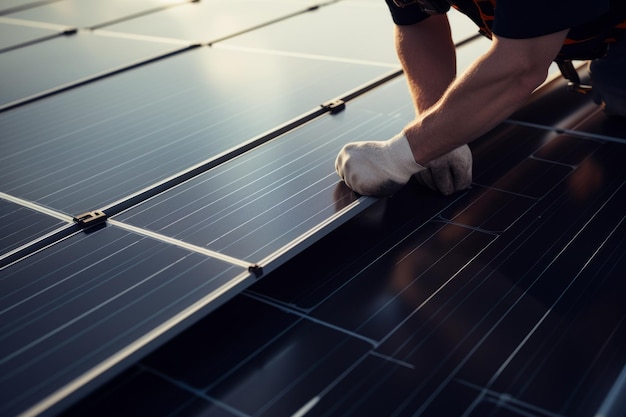 Ingeniero trabajador hombre empleado técnico inspecciona paneles solares baterías tecnología avanzada