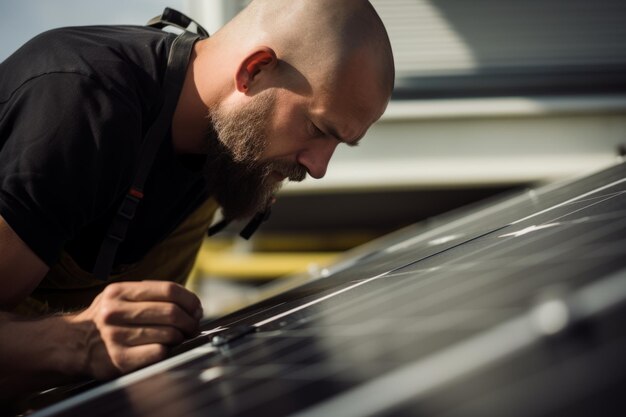 Ingeniero trabajador hombre empleado técnico inspecciona paneles solares baterías tecnología avanzada