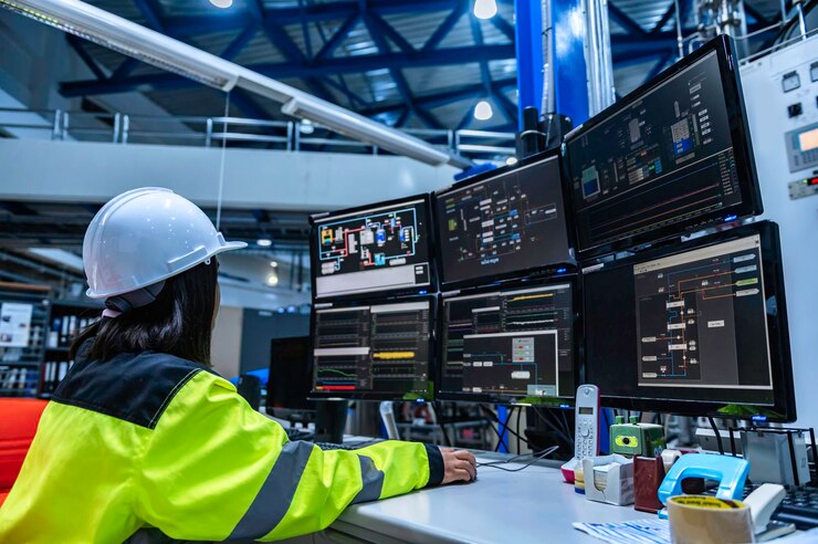 Foto ingeniero trabajador informático en computadoras de alto rendimiento con muchos monitores en grandes fábricas. controle el funcionamiento de máquinas grandes. escriba un programa para ejecutar el robot.