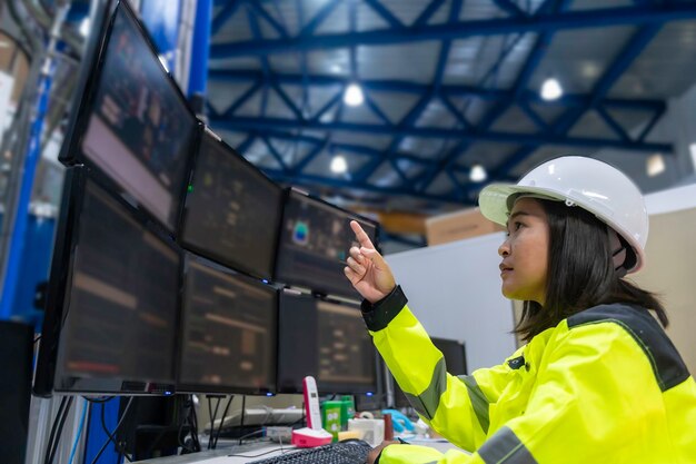 Foto ingeniero trabajador informático en computadoras de alto rendimiento con muchos monitores en grandes fábricas. controle el funcionamiento de máquinas grandes. escriba un programa para ejecutar el robot.