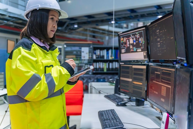 Ingeniero trabajador informático en computadoras de alto rendimiento con muchos monitores en grandes fábricas. Controle el funcionamiento de máquinas grandes. Escriba un programa para ejecutar el robot.