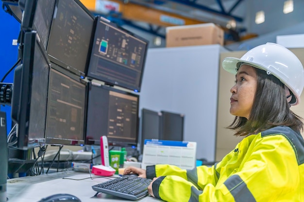 Ingeniero trabajador informático en computadoras de alto rendimiento con muchos monitores en grandes fábricas. Controle el funcionamiento de máquinas grandes. Escriba un programa para ejecutar el robot.