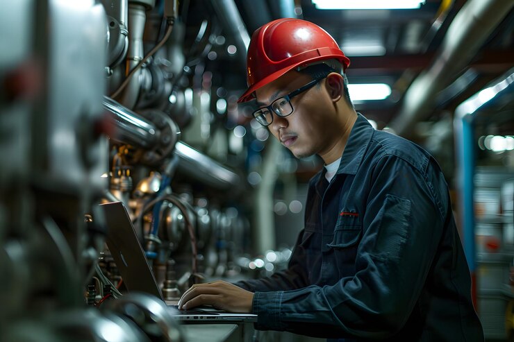 Ingeniero trabajando en una computadora portátil en un entorno industrial