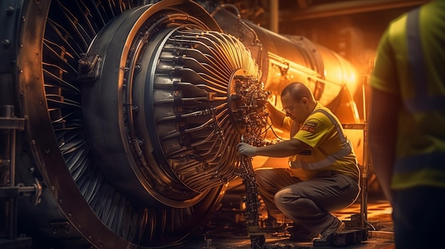 Ingeniero trabajando en un motor a reacción en una fábrica Antecedentes industriales