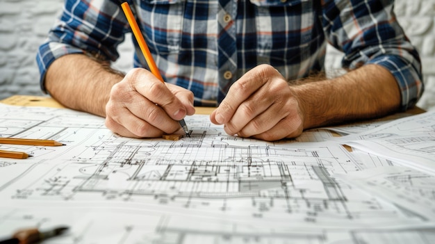 Un ingeniero trabajando en planos en una mesa de dibujo