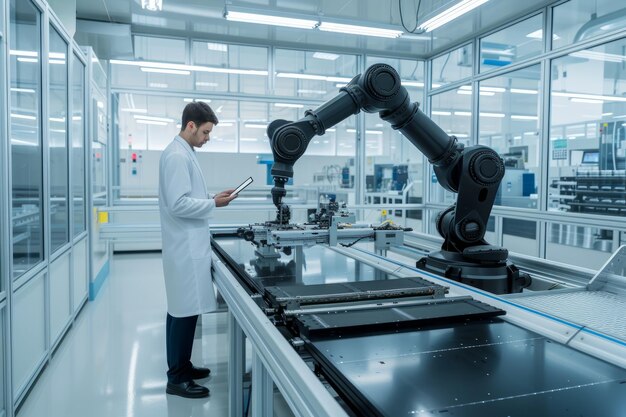 Ingeniero trabajando con un robot en una fábrica