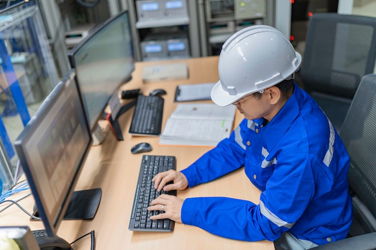 Foto ingeniero trabajando en la sala de control gerente del sistema de control técnico hombre programa de monitoreo de un montón de monitor
