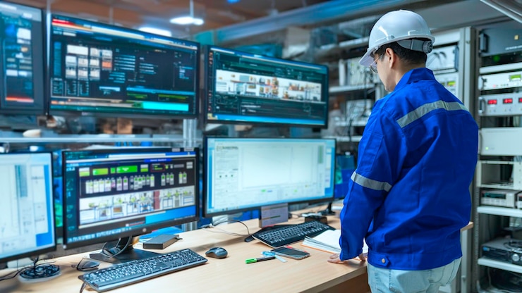 Foto ingeniero trabajando en la sala de control gerente del sistema de control técnico hombre programa de monitoreo de un montón de monitor