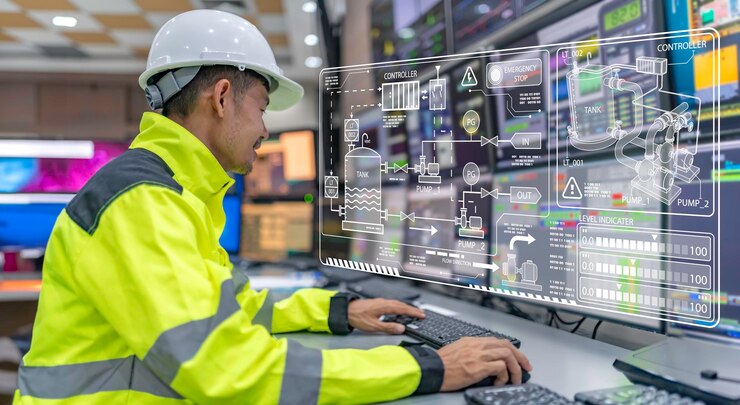 Foto ingeniero trabajando en la sala de controlsistema de control del administradorprograma de monitoreo del hombre técnico desde muchos monitores