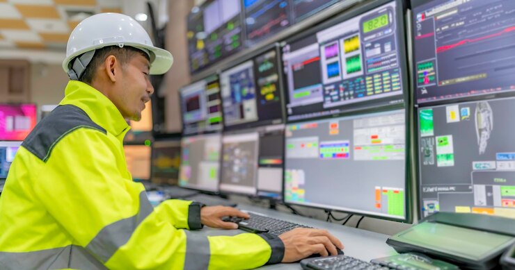 Foto ingeniero trabajando en la sala de controlsistema de control del administradorprograma de monitoreo del hombre técnico desde muchos monitores