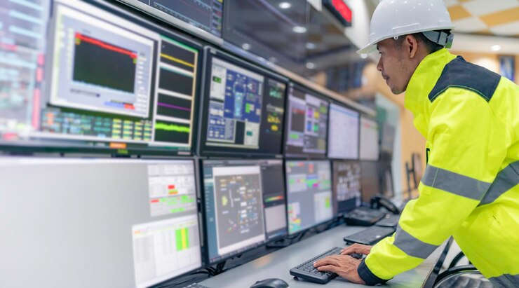 Foto ingeniero trabajando en la sala de controlsistema de control del administradorprograma de monitoreo del hombre técnico desde muchos monitores