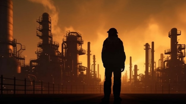 Un ingeniero de trabajo con un casco duro se encuentra frente a una refinería de petróleo petroquímica generada por la IA