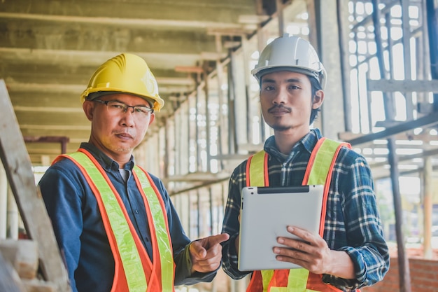 Ingeniero de trabajo en equipo utiliza el trabajo de la tableta en la construcción del sitio